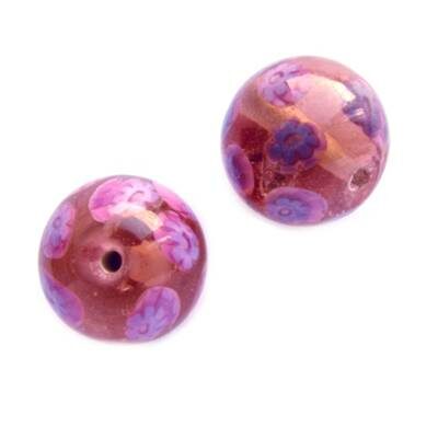 -60% pērle apaļa 15mm ar puķēm (Indija) rozā - b281-318