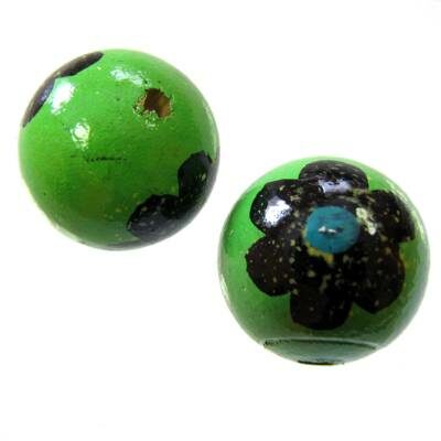 -60% pērles apaļa 20mm koka zaļa ar puķi